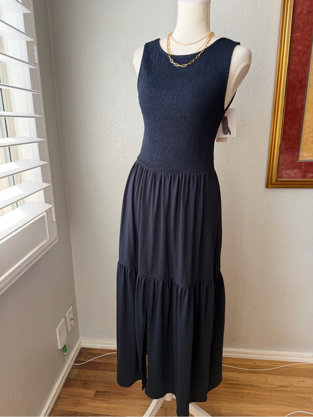 40- NWT Nation Los Angeles Blue Sleeveless Smocked Top Tiered Maxi Dress - Small
